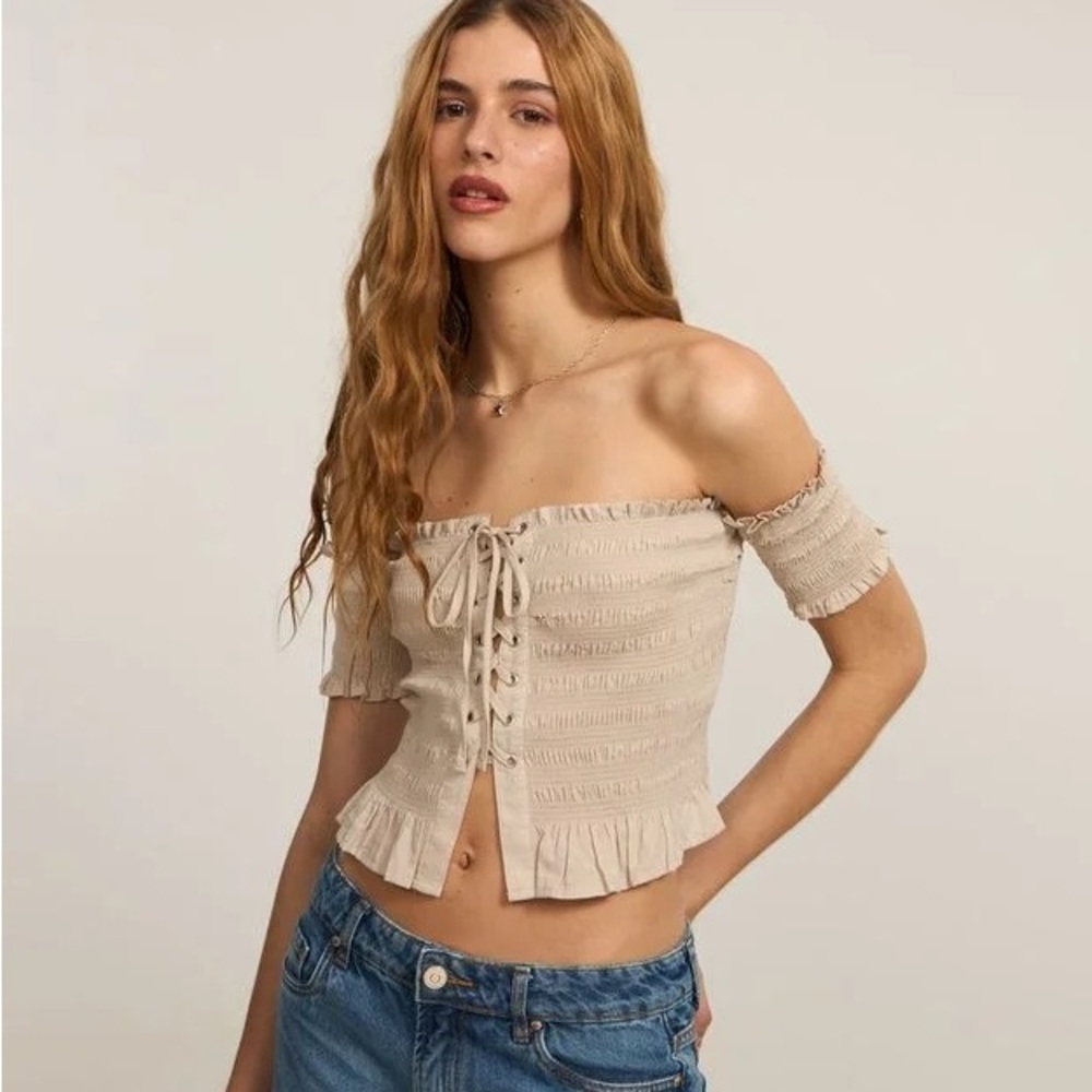 ZARA STRAPLESS CROP TOP WITH RUFFLES SMOCKED OFF SHOULDER SMALL
